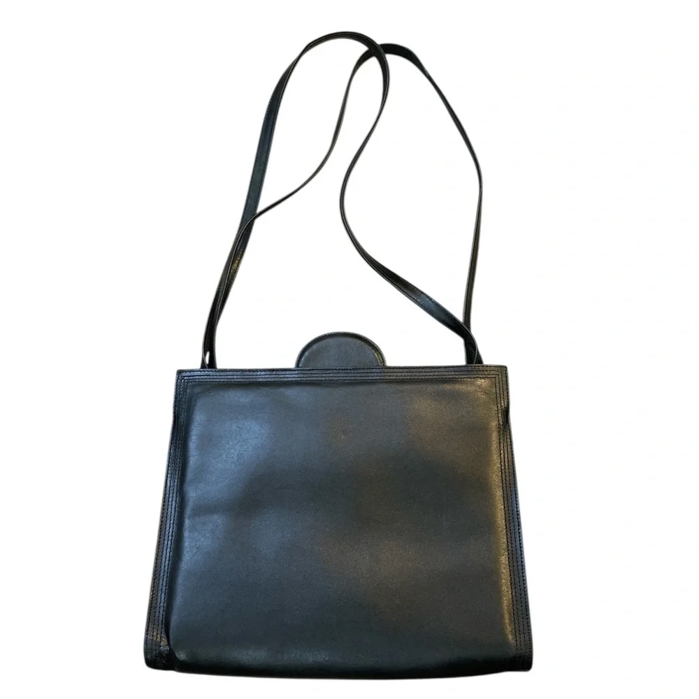 Vintage Block Black Leather Shoulder Bag Purse Structured 50s 60s